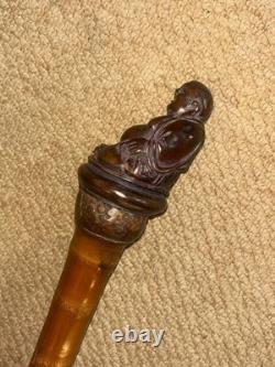 Antique Oriental Chinese Bamboo Walking Stick Laughing Buddha Top & Carved Shaft