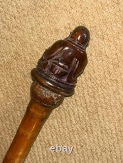 Antique Oriental Chinese Bamboo Walking Stick Laughing Buddha Top & Carved Shaft