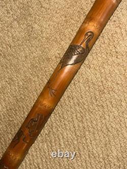 Antique Oriental Chinese Bamboo Walking Stick Laughing Buddha Top & Carved Shaft