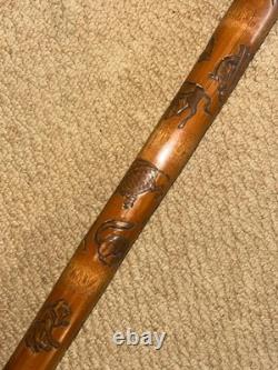 Antique Oriental Chinese Bamboo Walking Stick Laughing Buddha Top & Carved Shaft