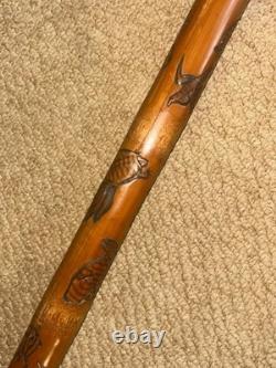 Antique Oriental Chinese Bamboo Walking Stick Laughing Buddha Top & Carved Shaft