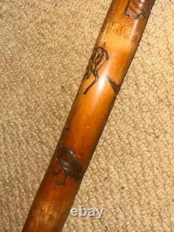 Antique Oriental Chinese Bamboo Walking Stick Laughing Buddha Top & Carved Shaft