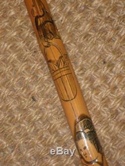 Antique Oriental Themed Bamboo Walking Cane With Hand Carved Chinese Top & Shaft