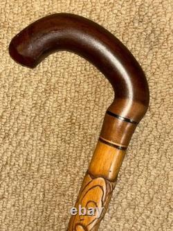 Antique Oriental Walking Stick Cane Crook Handle & Hand-Carved Dragon Shaft