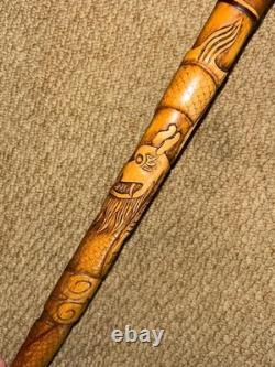 Antique Oriental Walking Stick Cane Crook Handle & Hand-Carved Dragon Shaft