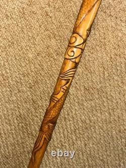 Antique Oriental Walking Stick Cane Crook Handle & Hand-Carved Dragon Shaft