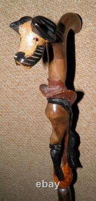 Antique Oriental Walking Stick / Cane Fritz Handle Hand Carved Dog & Man Head