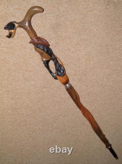 Antique Oriental Walking Stick / Cane Fritz Handle Hand Carved Dog & Man Head