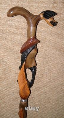 Antique Oriental Walking Stick / Cane Fritz Handle Hand Carved Dog & Man Head