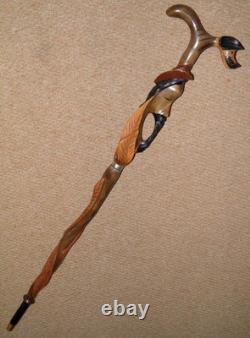 Antique Oriental Walking Stick / Cane Fritz Handle Hand Carved Dog & Man Head