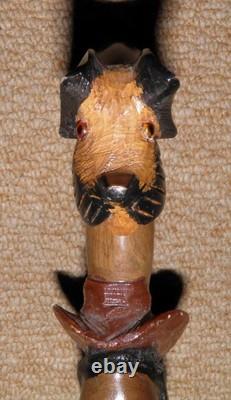 Antique Oriental Walking Stick / Cane Fritz Handle Hand Carved Dog & Man Head