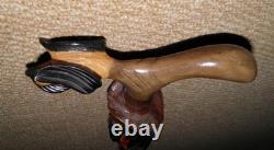 Antique Oriental Walking Stick / Cane Fritz Handle Hand Carved Dog & Man Head