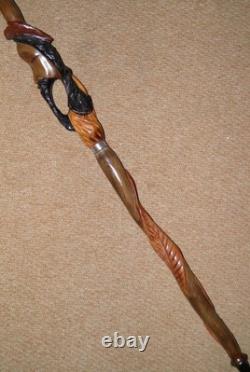 Antique Oriental Walking Stick / Cane Fritz Handle Hand Carved Dog & Man Head