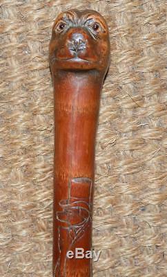 Antique Otter' Head Walking Stick With Carved Edwardian Dressed Animals On Shaft