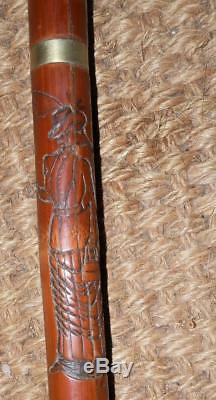 Antique Otter' Head Walking Stick With Carved Edwardian Dressed Animals On Shaft