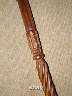 Antique Ovangkol Tribal African Walking Stick With Hand-Carved Faces Shaft 80cm