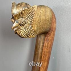 Antique Owl Head Walking Stick Traditional Dog Leg Curve Hand-Carved Collectible