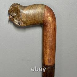 Antique Owl Head Walking Stick Traditional Dog Leg Curve Hand-Carved Collectible
