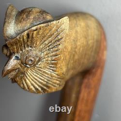 Antique Owl Head Walking Stick Traditional Dog Leg Curve Hand-Carved Collectible