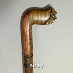Antique Owl Head Walking Stick Traditional Dog Leg Curve Hand-Carved Collectible