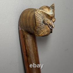 Antique Owl Head Walking Stick Traditional Dog Leg Curve Hand-Carved Collectible