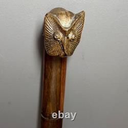 Antique Owl Head Walking Stick Traditional Dog Leg Curve Hand-Carved Collectible