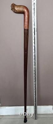 Antique Owl Head Walking Stick Traditional Dog Leg Curve Hand-Carved Collectible