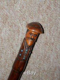 Antique POW WW2 Walking Stick Hand-Carved Chinese Man Top With Turquoise 1919