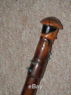 Antique POW WW2 Walking Stick Hand-Carved Chinese Man Top With Turquoise 1919