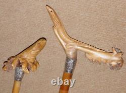 Antique Pair of Carved Lizard Walking Sticks Repousse Burmese Silver Collars