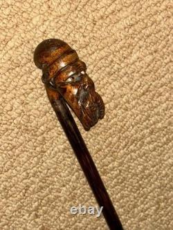 Antique Partridge Wood Petite Walking Stick Cane Hand-Carved Bearded Man Top