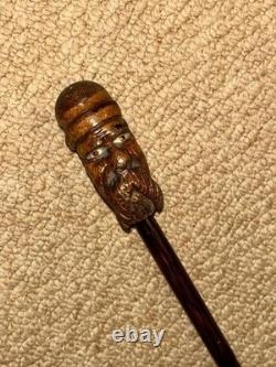 Antique Partridge Wood Petite Walking Stick Cane Hand-Carved Bearded Man Top