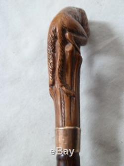Antique Partridge Wood Walking Stick Carved Monkey Top And Gold Plate Collar