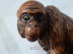 Antique Partridge Wood Walking Stick Carved Monkey Top And Gold Plate Collar