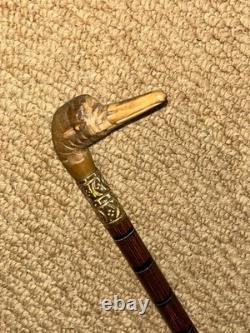 Antique Petite Ladies Walking Stick Hand-Carved Duck Handle Brass Collar
