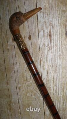 Antique Petite Ladies Walking Stick Hand-Carved Duck Handle Brass Collar