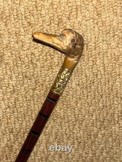 Antique Petite Ladies Walking Stick Hand-Carved Duck Handle Brass Collar