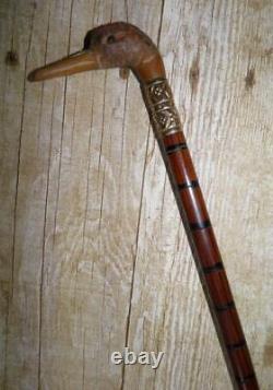 Antique Petite Ladies Walking Stick Hand-Carved Duck Handle Brass Collar