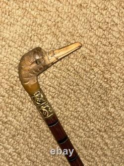 Antique Petite Ladies Walking Stick Hand-Carved Duck Handle Brass Collar