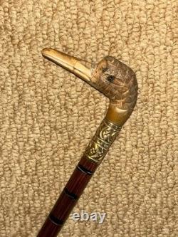 Antique Petite Ladies Walking Stick Hand-Carved Duck Handle Brass Collar
