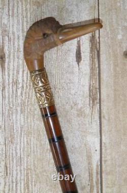 Antique Petite Ladies Walking Stick Hand-Carved Duck Handle Brass Collar