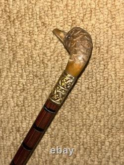 Antique Petite Ladies Walking Stick Hand-Carved Duck Handle Brass Collar