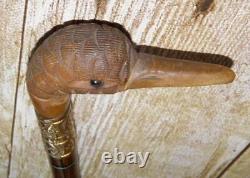 Antique Petite Ladies Walking Stick Hand-Carved Duck Handle Brass Collar