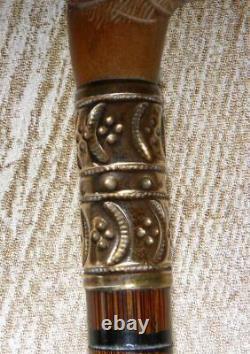 Antique Petite Ladies Walking Stick Hand-Carved Duck Handle Brass Collar