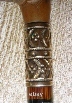 Antique Petite Ladies Walking Stick Hand-Carved Duck Handle Brass Collar