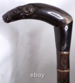 Antique Polished Carved Rams Head Horn Handle Stacked Shaft Walking Stick Cane