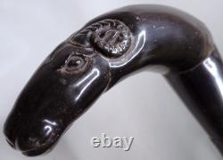 Antique Polished Carved Rams Head Horn Handle Stacked Shaft Walking Stick Cane