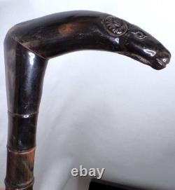 Antique Polished Carved Rams Head Horn Handle Stacked Shaft Walking Stick Cane