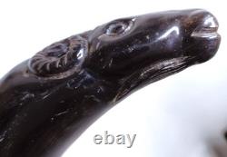 Antique Polished Carved Rams Head Horn Handle Stacked Shaft Walking Stick Cane