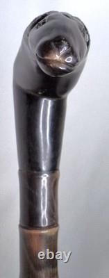Antique Polished Carved Rams Head Horn Handle Stacked Shaft Walking Stick Cane